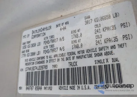 2004 Dodge Ram 1500 Slt/Laramie из США, поврежденный, VIN 1D7HA18D74J228709